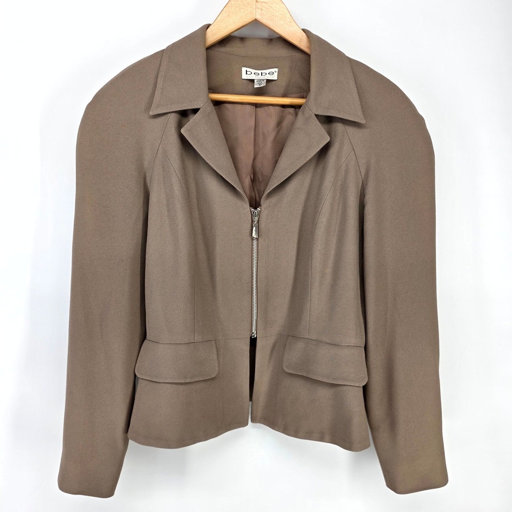 bebe Zip Front Blazer Womens 10 Brown Tailored Structured Office Professional